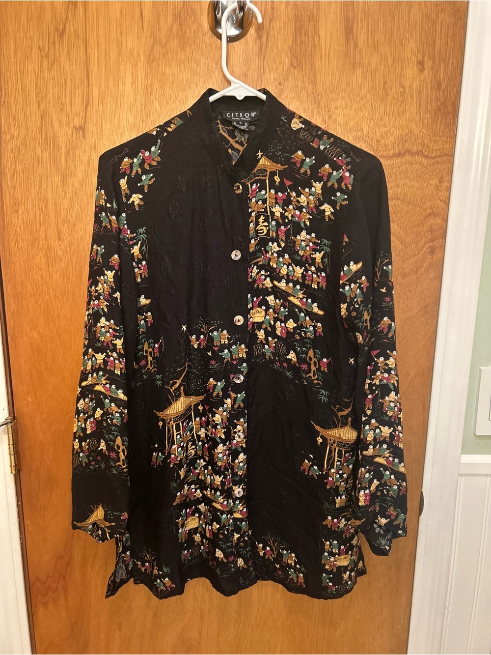 Citron Women's Silk Black Embossed Kimono Asian Print Tunic Size Small